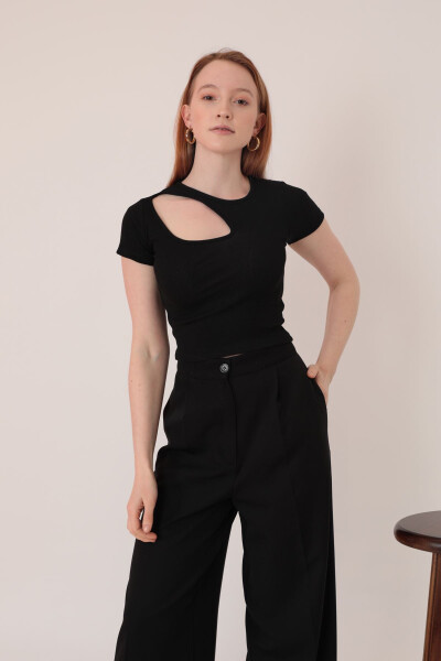 Women's Short Sleeve Blouse with Drop-Front Detail in Rib Knit Fabric - Black - 6