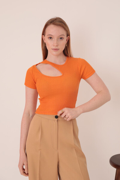 Women's Short Sleeve Blouse with Dropped Front - Orange - 1