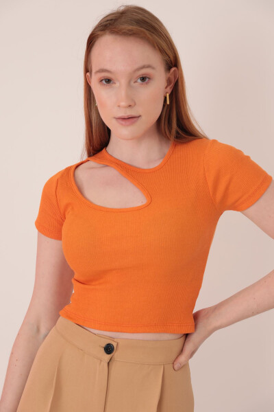 Women's Short Sleeve Blouse with Dropped Front - Orange - 2