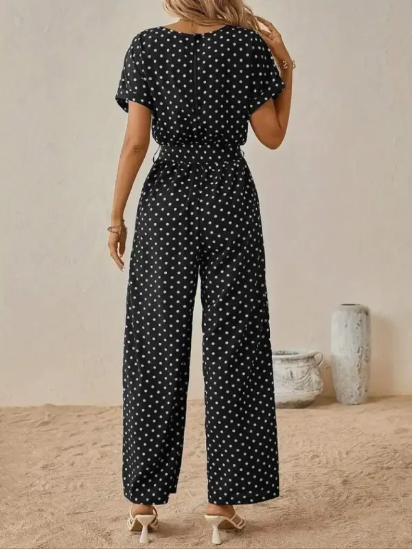 Women's Short Sleeve Boat Neck Belted Knitted Crepe Jumpsuit - 2