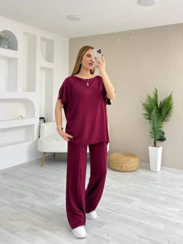 Women's Short Sleeve Boat Neck Stitch Detail Viscose Two Thread Blouse and Pants Set - BÜYÜKBEDENIZ