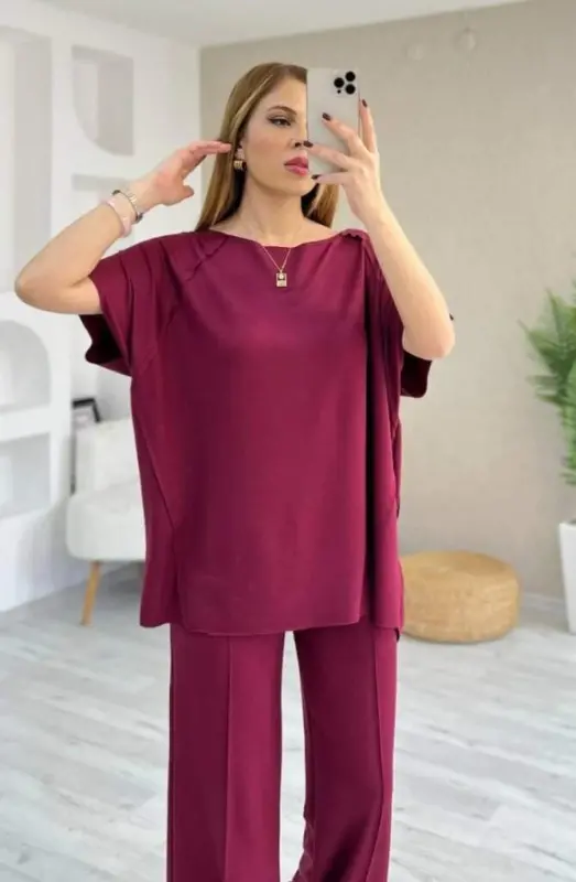 Women's Short Sleeve Boat Neck Stitch Detail Viscose Two Thread Blouse and Pants Set - 4