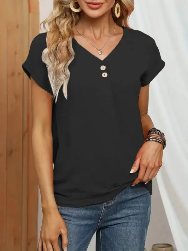 Women's Short Sleeve Button-Down V-Neck Aerobin Blouse - BÜYÜKBEDENIZ