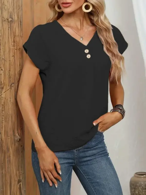 Women's Short Sleeve Button-Down V-Neck Aerobin Blouse - 2