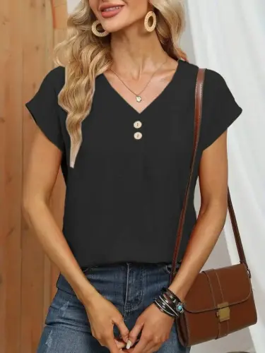 Women's Short Sleeve Button-Down V-Neck Aerobin Blouse - 4