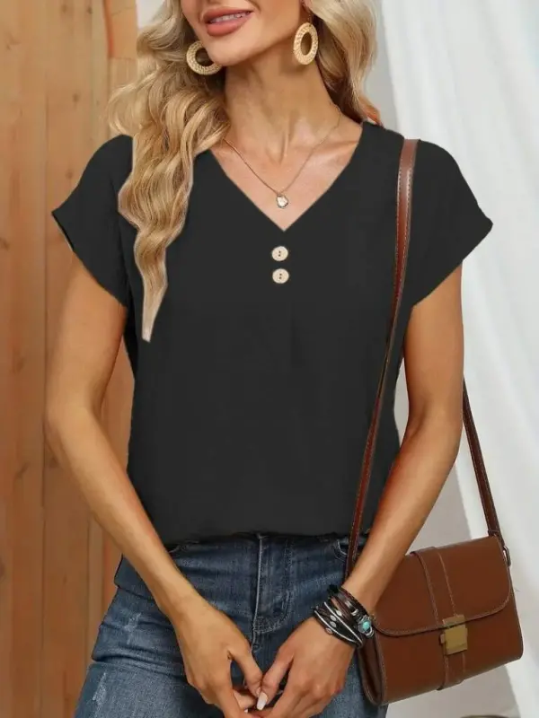 Women's Short Sleeve Button-Down V-Neck Aerobin Blouse - 4