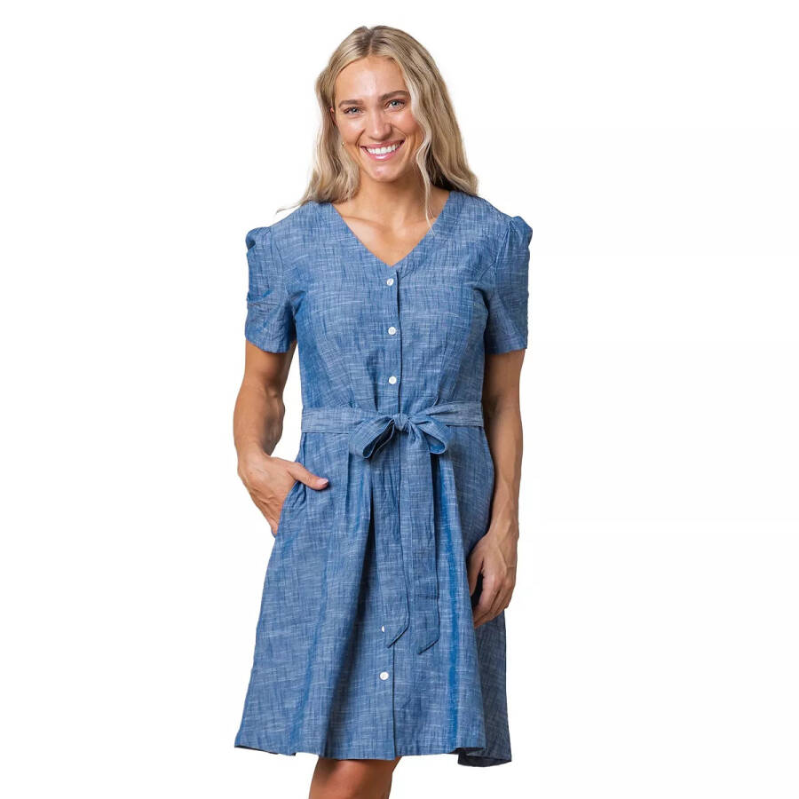 Women's Short Sleeve Button Front Chambray Dress with Waist Sash Blue Chambray - 1