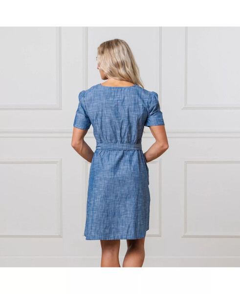 Women's Short Sleeve Button Front Chambray Dress with Waist Sash Blue Chambray - 3