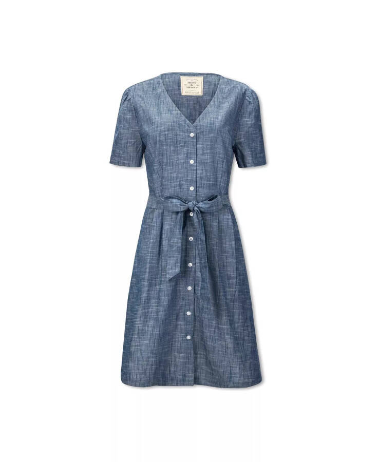 Women's Short Sleeve Button Front Chambray Dress with Waist Sash Blue Chambray - 11