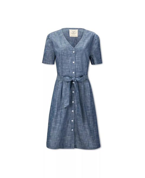 Women's Short Sleeve Button Front Chambray Dress with Waist Sash Blue Chambray - 9