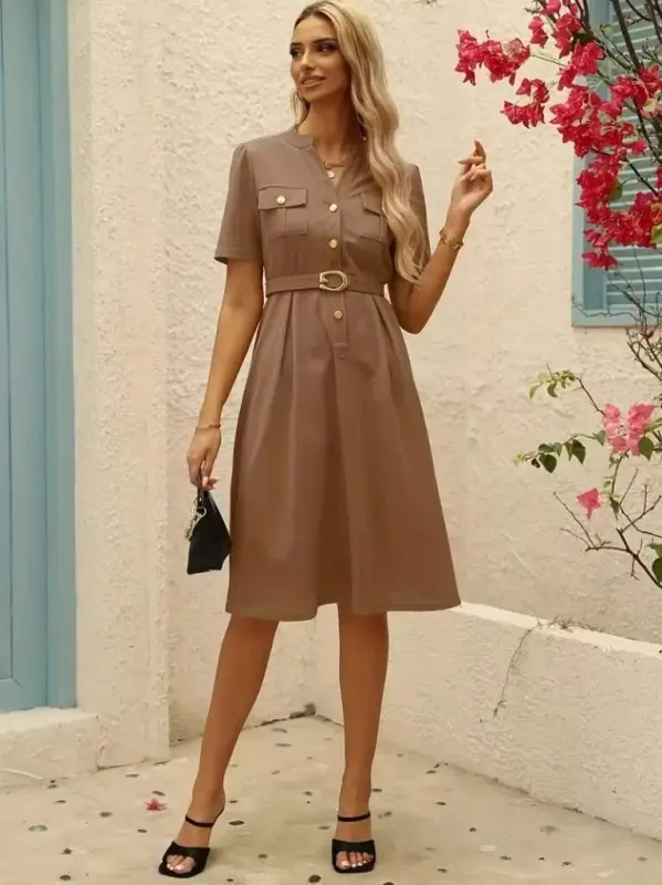Women's Short Sleeve Buttoned and Belted Atlas Dress - 2