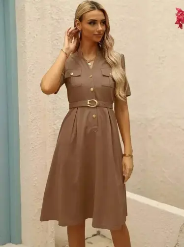 Women's Short Sleeve Buttoned and Belted Atlas Dress - 4