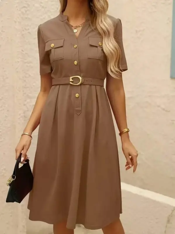 Women's Short Sleeve Buttoned and Belted Atlas Dress - 5