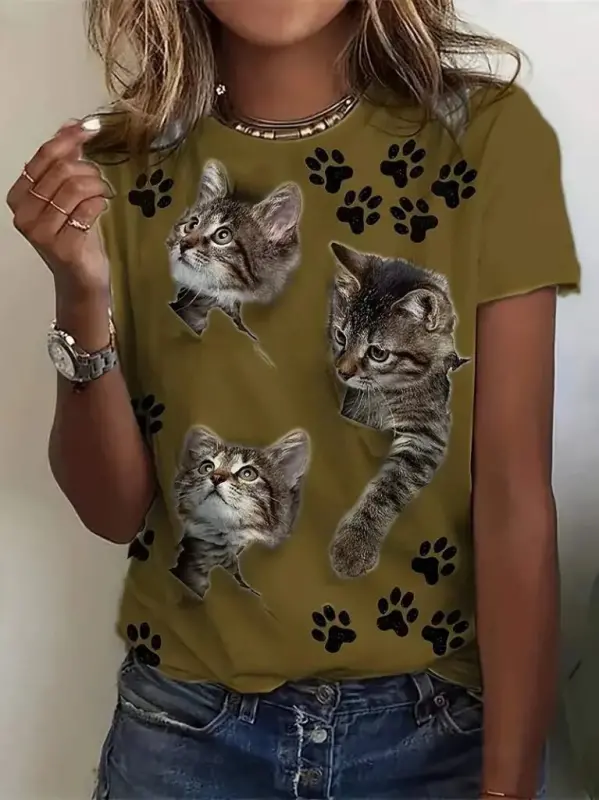 Women's Short Sleeve Cat And Paw Print Supreme T-shirt - 3