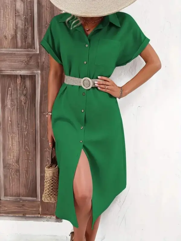 Women's Short Sleeve Collar Button Detail Midi Woven Dress - BÜYÜKBEDENIZ