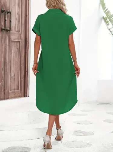 Women's Short Sleeve Collar Button Detail Midi Woven Dress - BÜYÜKBEDENIZ (1)