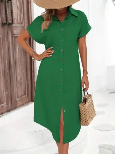 Women's Short Sleeve Collar Button Detail Midi Woven Dress - 3