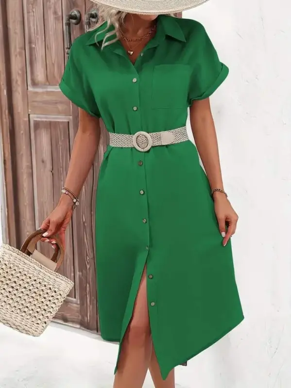 Women's Short Sleeve Collar Button Detail Midi Woven Dress - 4
