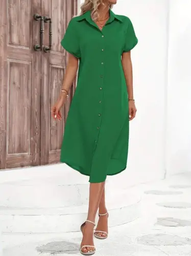 Women's Short Sleeve Collar Button Detail Midi Woven Dress - 5