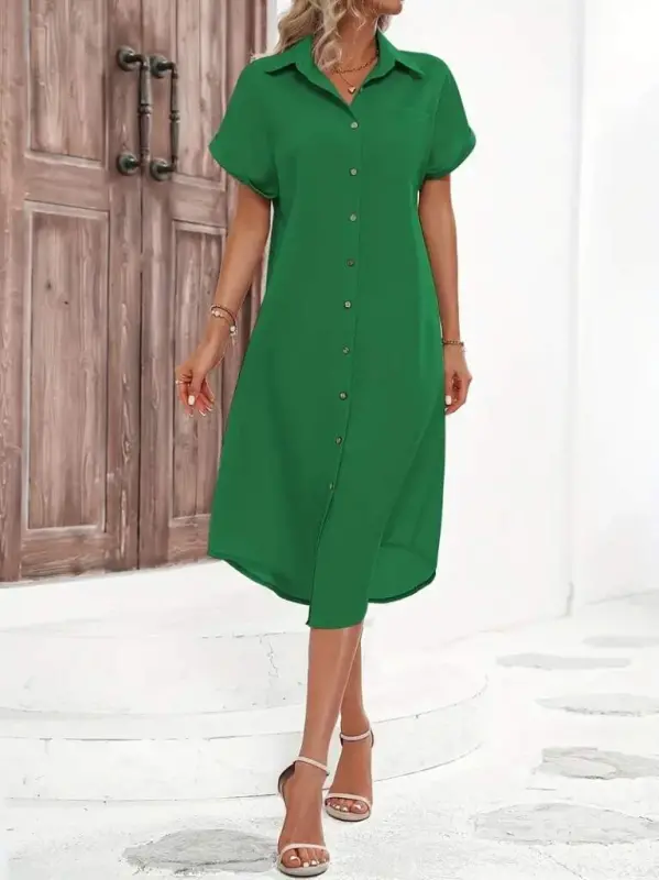 Women's Short Sleeve Collar Button Detail Midi Woven Dress - 5