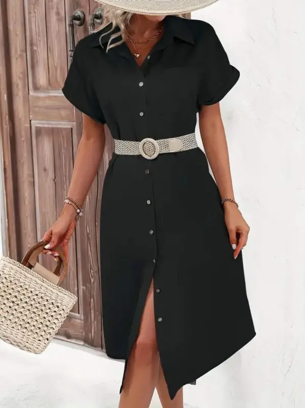 Women's Short Sleeve Collar Button Detail Midi Woven Dress - 2