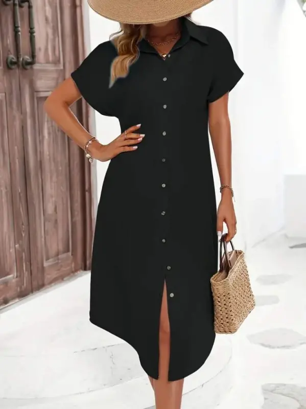 Women's Short Sleeve Collar Button Detail Midi Woven Dress - 3