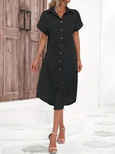 Women's Short Sleeve Collar Button Detail Midi Woven Dress - 5