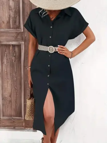 Women's Short Sleeve Collar Button Detail Midi Woven Dress - 1