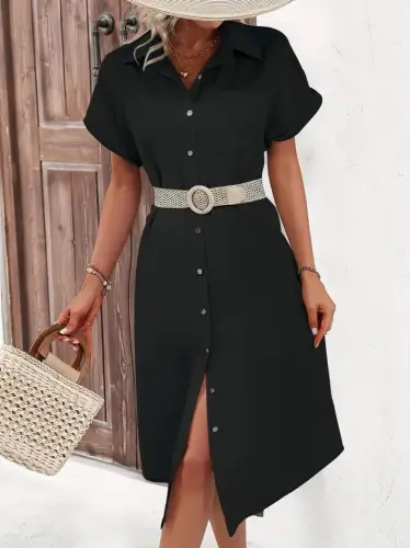 Women's Short Sleeve Collar Button Detail Midi Woven Dress - BÜYÜKBEDENIZ (1)