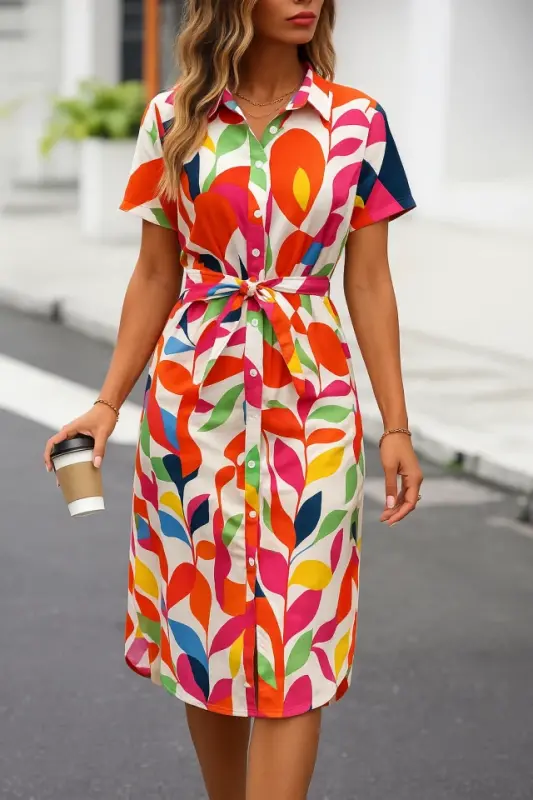 Women's Short Sleeve Collar Buttoned Front Draped Patterned Süprem Dress - 1