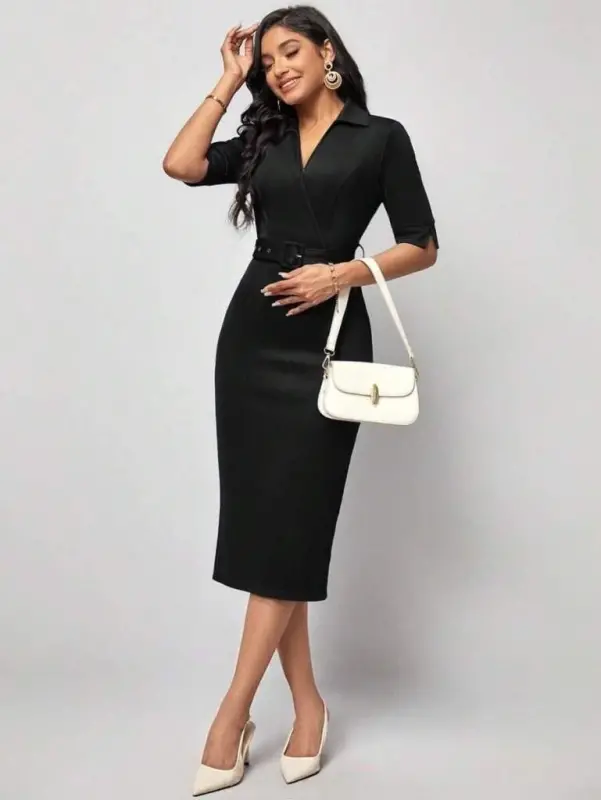 Women's Short Sleeve Collar Crossover Collar Belted Waist Midi Modal Dress - 2