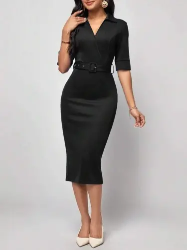 Women's Short Sleeve Collar Crossover Collar Belted Waist Midi Modal Dress - 3