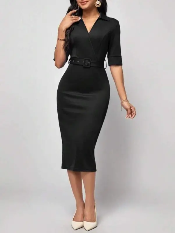 Women's Short Sleeve Collar Crossover Collar Belted Waist Midi Modal Dress - 3