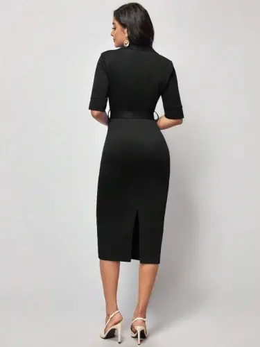 Women's Short Sleeve Collar Crossover Collar Belted Waist Midi Modal Dress - 4