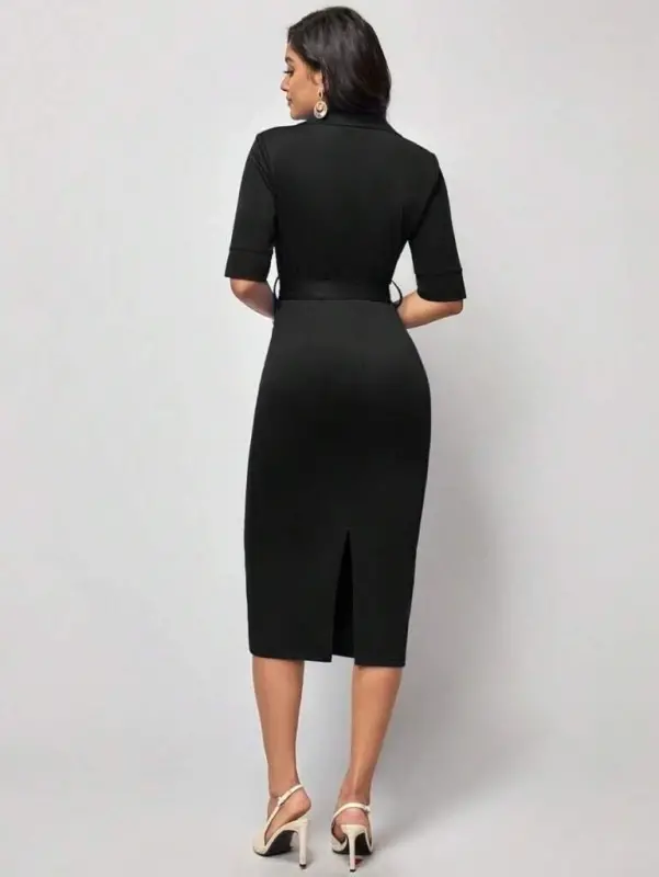 Women's Short Sleeve Collar Crossover Collar Belted Waist Midi Modal Dress - 4