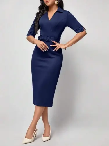 Women's Short Sleeve Collar Crossover Collar Belted Waist Midi Modal Dress - 1