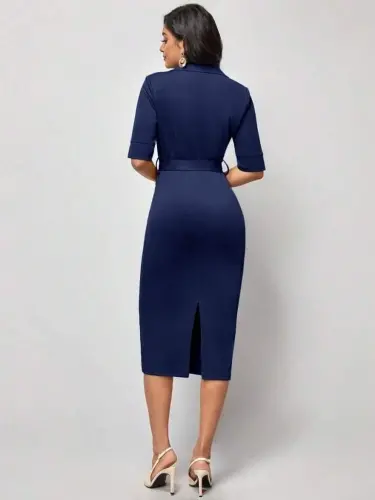 Women's Short Sleeve Collar Crossover Collar Belted Waist Midi Modal Dress - 4