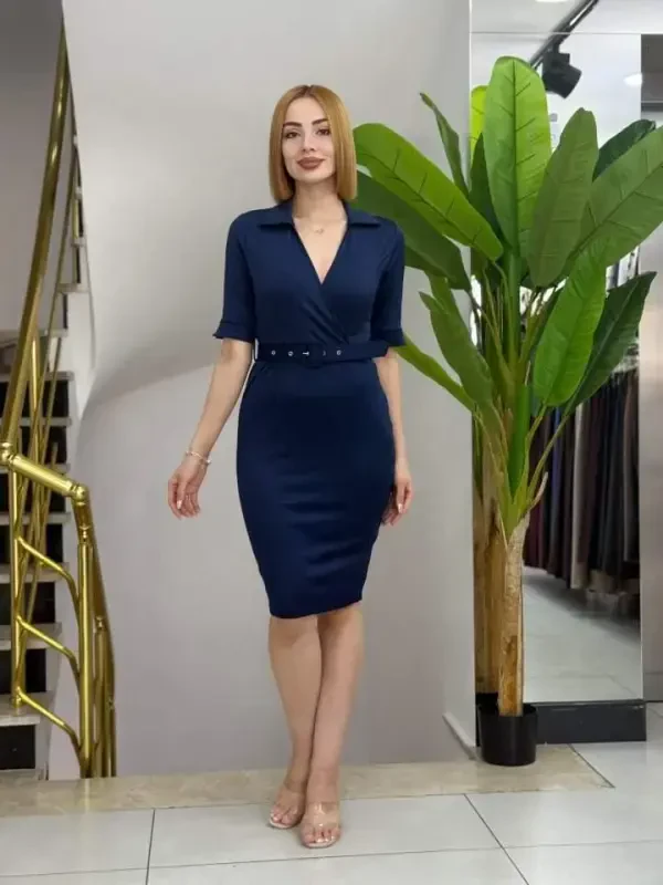 Women's Short Sleeve Collar Crossover Collar Belted Waist Midi Modal Dress - 3