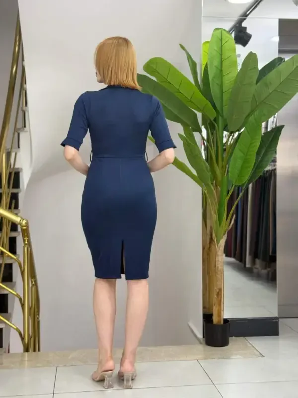 Women's Short Sleeve Collar Crossover Collar Belted Waist Midi Modal Dress - 4