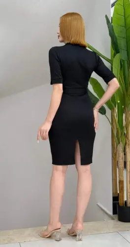 Women's Short Sleeve Collar Crossover Neck Belted Waist Midi Modal Dress - 3