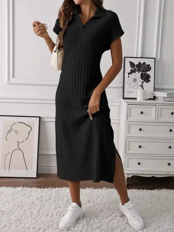 Women's Short Sleeve Collar Side Slit Thick Ribbed Rib Knit Dress - 1
