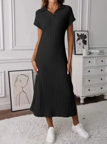 Women's Short Sleeve Collar Side Slit Thick Ribbed Rib Knit Dress - BÜYÜKBEDENIZ (1)