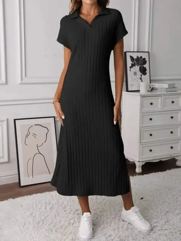 Women's Short Sleeve Collar Side Slit Thick Ribbed Rib Knit Dress - 2