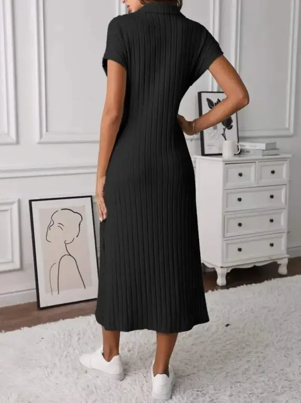 Women's Short Sleeve Collar Side Slit Thick Ribbed Rib Knit Dress - 3