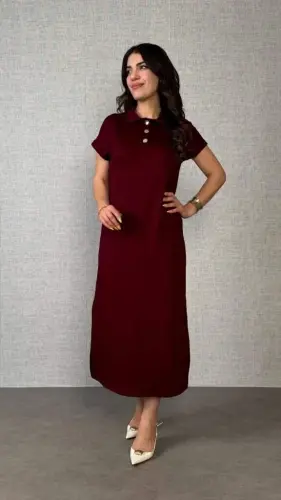 Women's Short Sleeve Collar Side Slit Viscose Two Thread Dress - 1