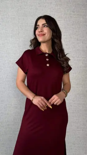 Women's Short Sleeve Collar Side Slit Viscose Two Thread Dress - BÜYÜKBEDENIZ (1)