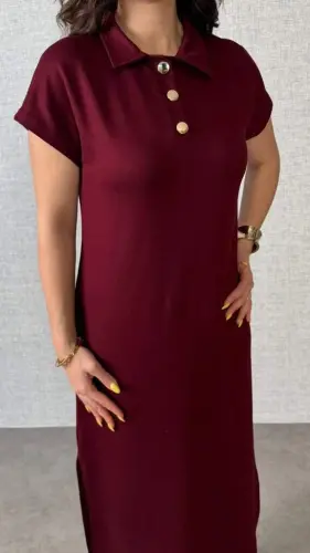 Women's Short Sleeve Collar Side Slit Viscose Two Thread Dress - 3