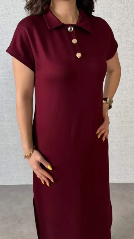 Women's Short Sleeve Collar Side Slit Viscose Two Thread Dress - 3