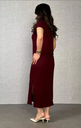 Women's Short Sleeve Collar Side Slit Viscose Two Thread Dress - 4