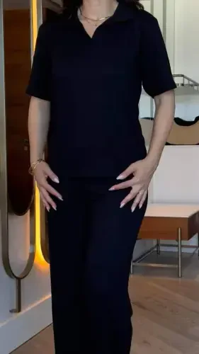 Women's Short Sleeve Collar Viscose Two Thread Blouse and Pants Set - 5